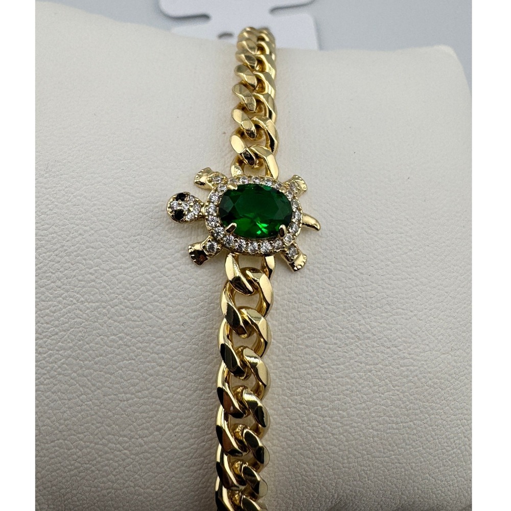 14k Gold Plated Turtle Bracelet Green Gemstone Cuban Curb Chain Link Jewelry